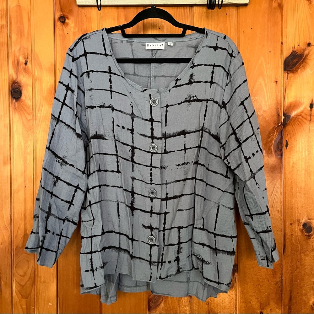 Habitat Black and Gray Grid Button-Up Blouse